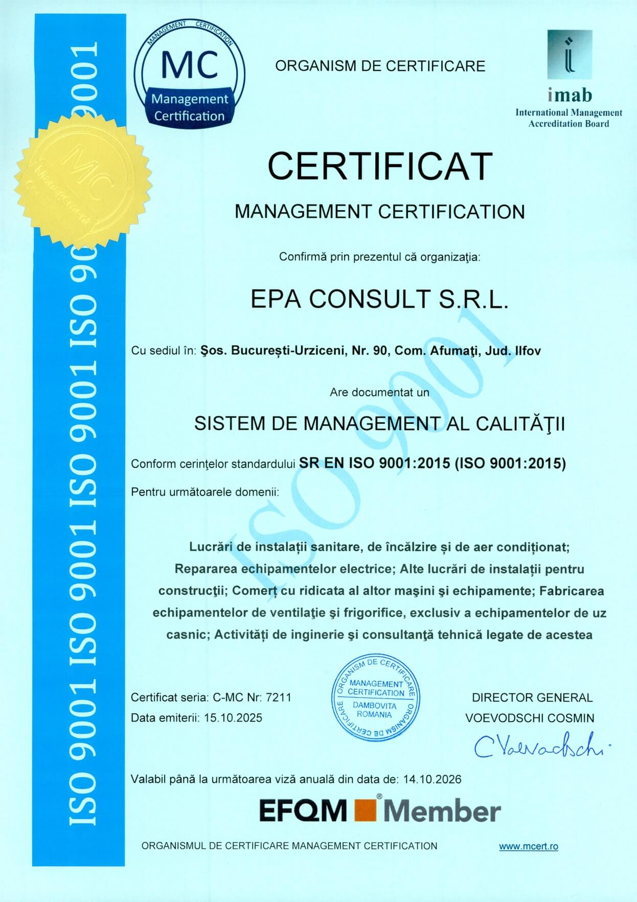 Certificat ISO 9001 EPA Consult